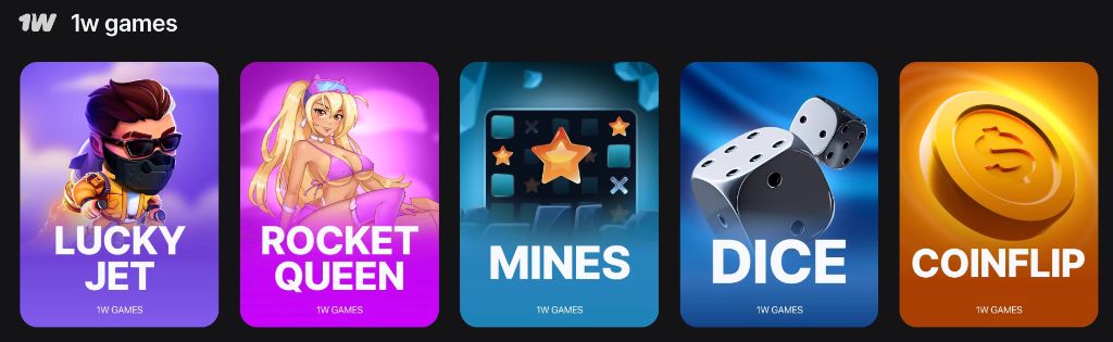 1W games — Lucky Jet, Rocket Queen, Mines, Dice, Coinflip в 1Win